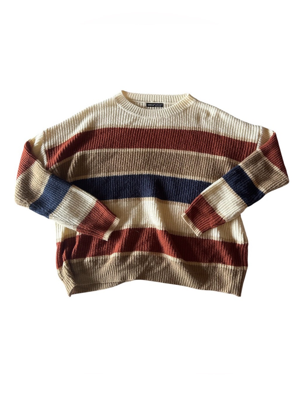 SHEIN Cream, Rust, Navy & Tan Striped Ribbed Sweater